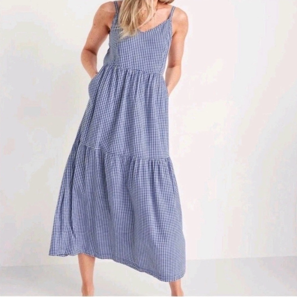 Old Navy Blue Gingham Midi Dress M Tall Tiered Cami Sundress Cottagecore